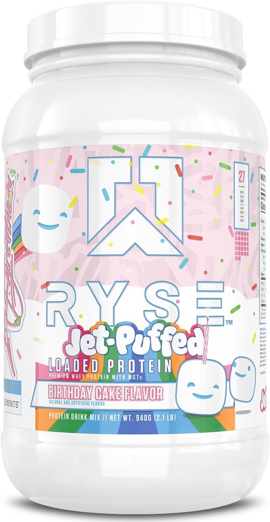 RYSE Indladet protein pulver - Jet- Puffed Fødselsdagskage - 25g Whey Protein Isolere & Koncentrat med Prebiotic Fiber & MCTs - Lavcarb, Lavsukker, Digitalt-Friendly - 27 Servering / 2 LB Tub