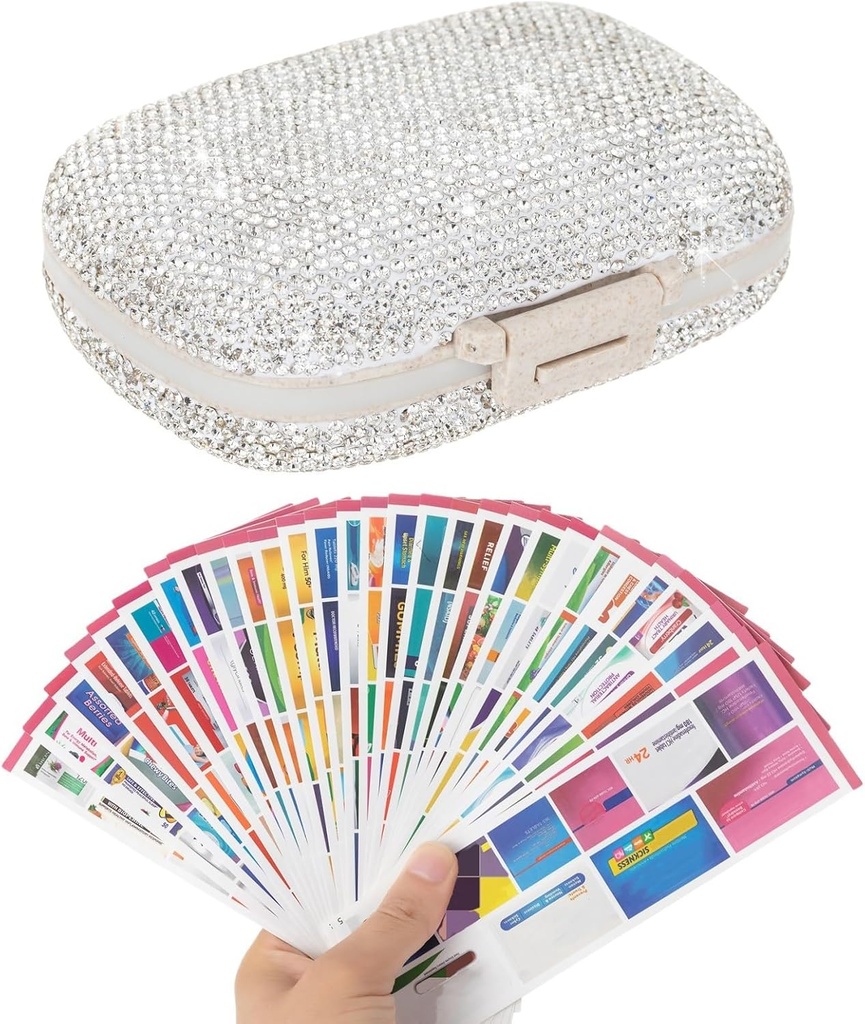 Pille Organizer med etiketter Bling Pocket Pill sag med Stickers Travel Medicine Kit Holder Lille Purse Pill Box Container Portable Mini Medication Storage (White & 300 Labels)