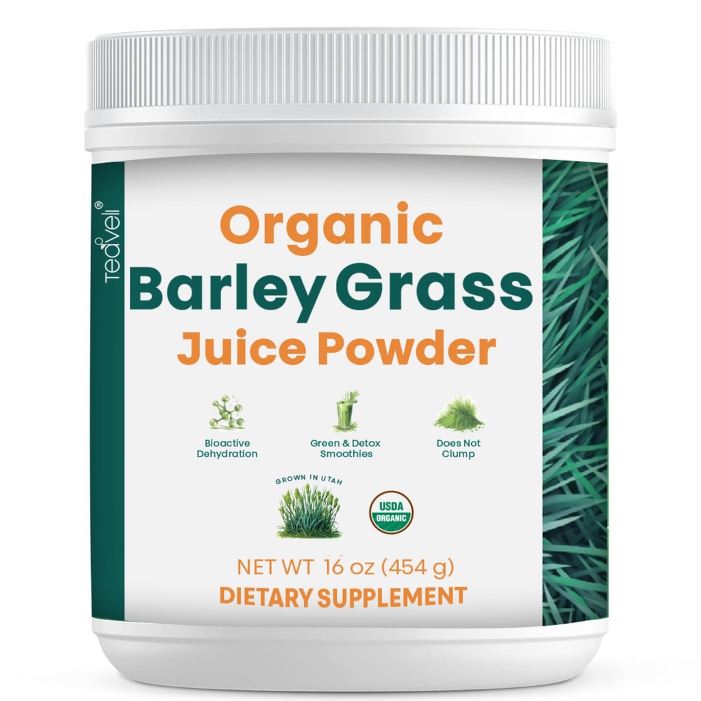 Teaveli Organic Barley Grass Juice Powder - Grown and Hartared in The Fertile Utah Soil - 16 Ounces (454 Bedste)