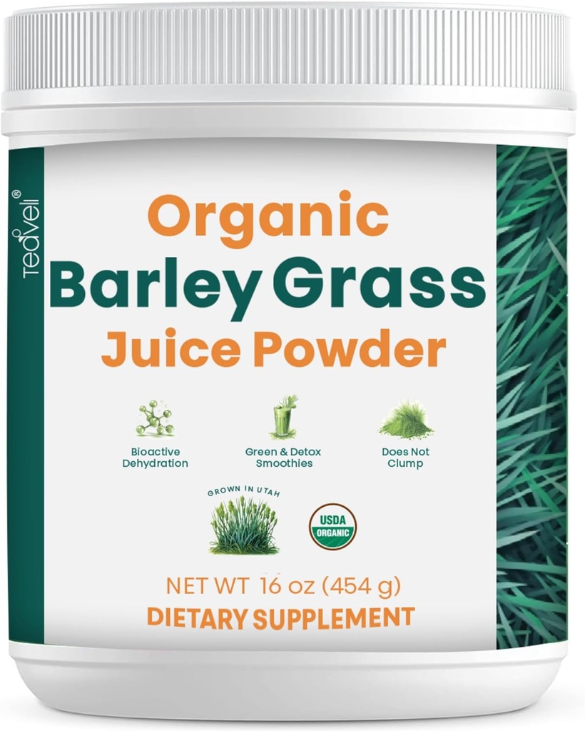 Teaveli Organic Barley Grass Juice Powder - Grown and Hartared in The Fertile Utah Soil - 16 Ounces (454 Bedste)