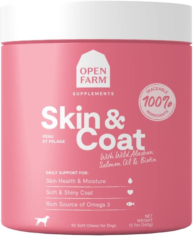 Open Farm Skin & Coat Chews, Hundetillæg, Hundevitaminer, Understøtter en blød og skinnende Coat Brug sporbare og Vet- Godkendte Ingredienser, 12.7 oz, 90 Greve