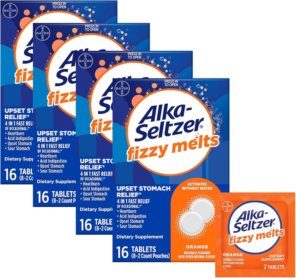 Alka- Seltzer Fizzy smelter, Opløs på tunge, ingen vand påkrævet, On- The- Go Kosttilskud Antacida tabletter, for lindring af Lejlighedsvis Heartburn og Syre fordøjelsesbesvær *, Orange Flavor, 64 Greve