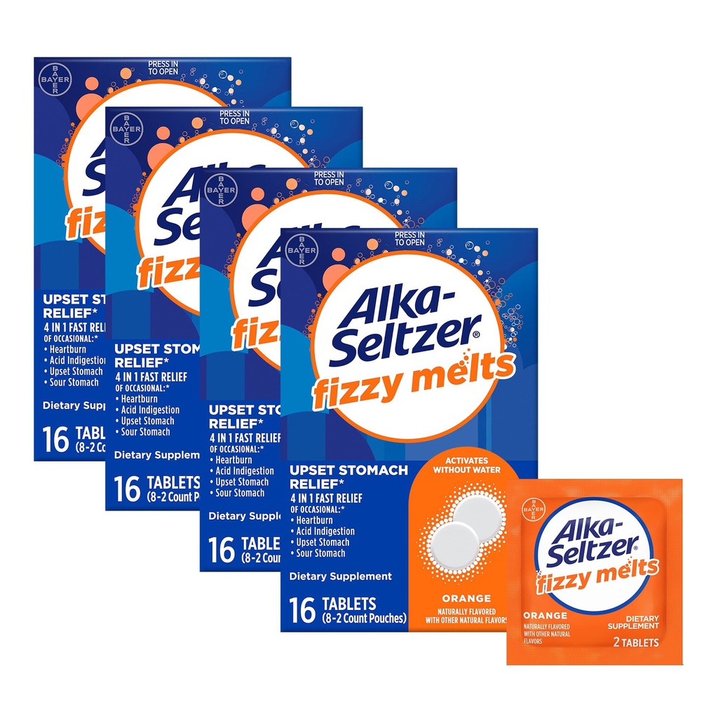 Alka- Seltzer Fizzy smelter, Opløs på tunge, ingen vand påkrævet, On- The- Go Kosttilskud Antacida tabletter, for lindring af Lejlighedsvis Heartburn og Syre fordøjelsesbesvær *, Orange Flavor, 64 Greve