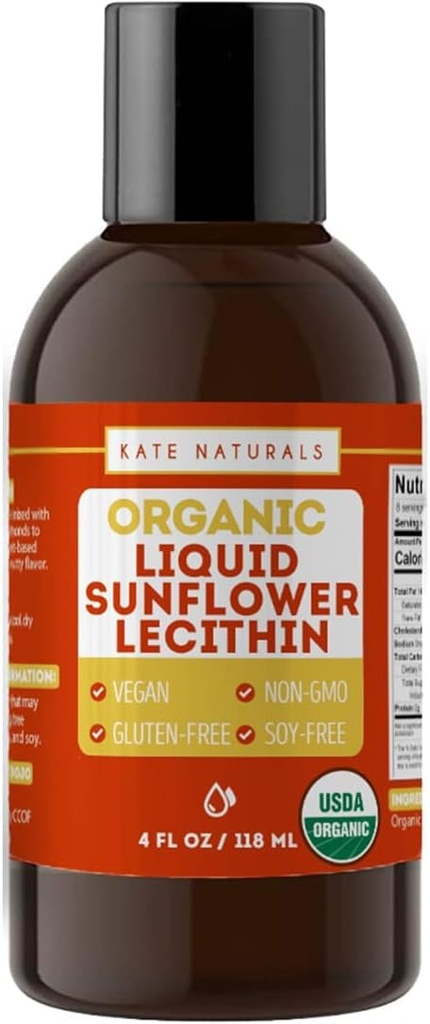Kate Naturals Sunflower Lecithin Liquid til madlavning og bagning. Flydende lecithin til Gummies, Smoothies & Lactation Supplement (4oz, Organic, Vegan, Gluten- Free)