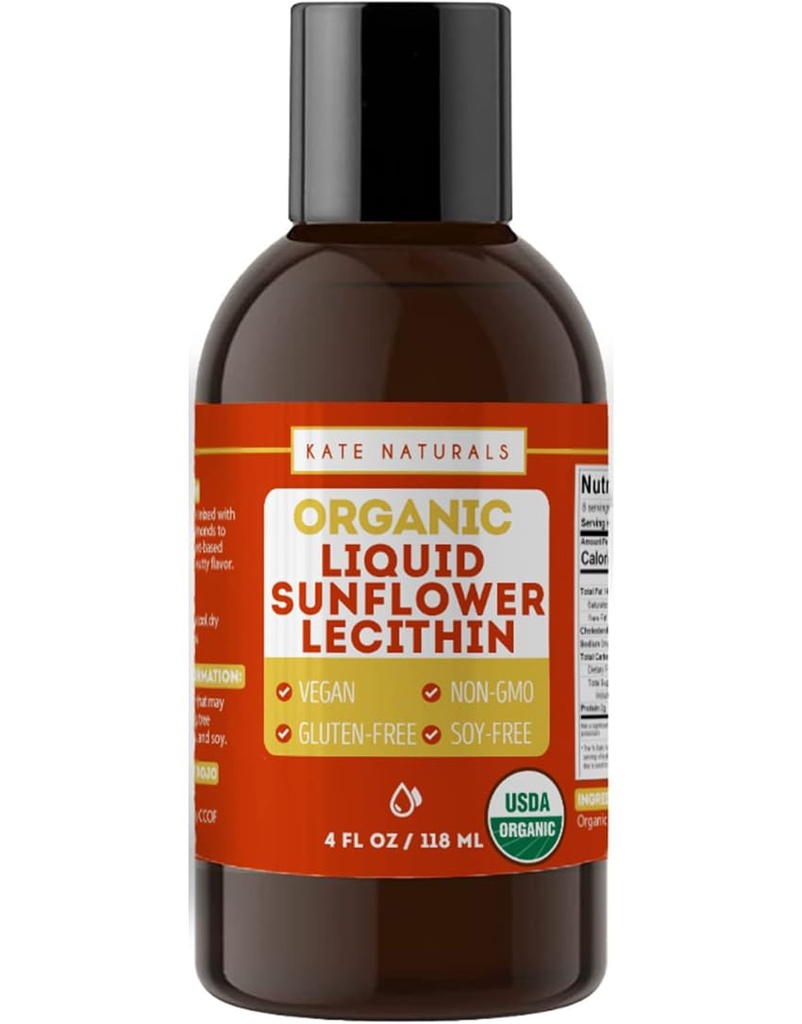 Kate Naturals Sunflower Lecithin Liquid til madlavning og bagning. Flydende lecithin til Gummies, Smoothies & Lactation Supplement (4oz, Organic, Vegan, Gluten- Free)