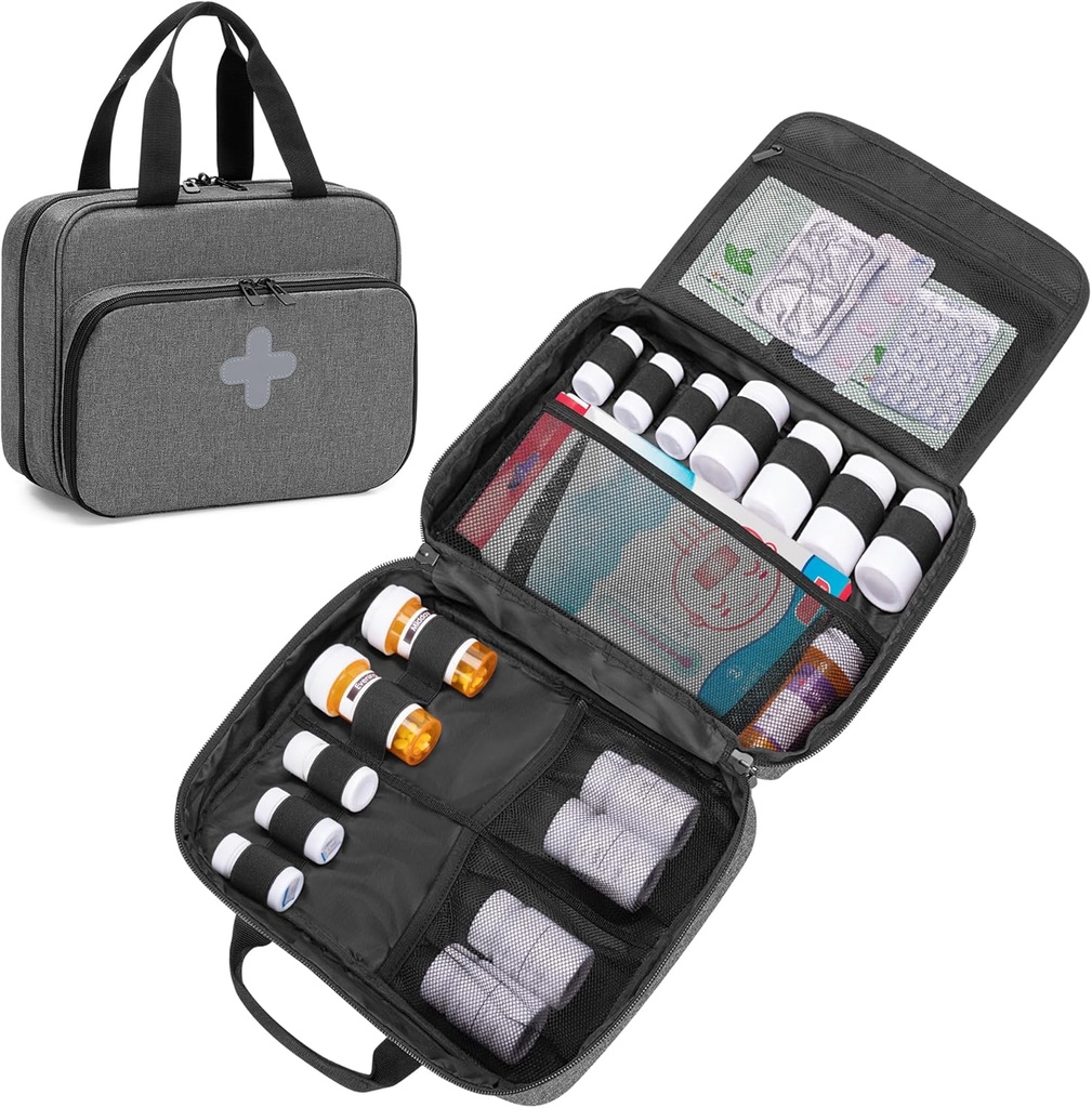 CURMIO Pill flaske Organizer Portable Medicine Bag, Lockable receptpligtig flaske opbevaring for piller flasker, Vitaminer, Medicinske Kosttilskud til Home Storage og Rejser, Gray (Tomme Medicine Bag)