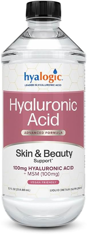 Hyalogisk flydende hyaluronsyre supplement - Ingestible Skin Support med 100mg HA og 100mg MSM - Naturlig hydrering for ansigtet, øjne og læber - høj molekylvægt formel - 12 oz
