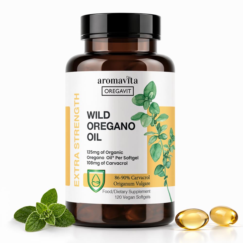 Vegan Wild Oregano Oil Capsules Organic, 86- 90% Carvacrol - 125mg Oil of Oregano per Softgel - immunforsvar og fordøjelsesstøtte, naturlige antioxidant, Vegan, ikke GMO, 120 kapsler