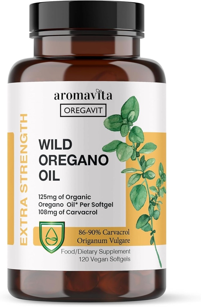 Vegan Wild Oregano Oil Capsules Organic, 86- 90% Carvacrol - 125mg Oil of Oregano per Softgel - immunforsvar og fordøjelsesstøtte, naturlige antioxidant, Vegan, ikke GMO, 120 kapsler