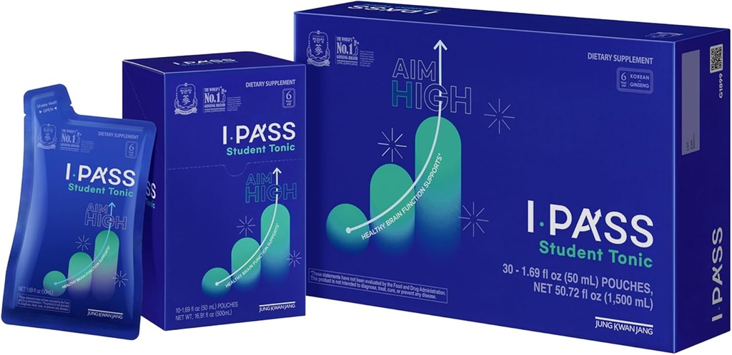 JungKwanJang iPass Student Tonic - Adaptogen Energy Drink Supplement med koreansk rød Ginseng, Jujube, Astragalus & Angelica - Daglig støtte til skole og aktiviteter (30 Pouches, 1.69 fl oz)