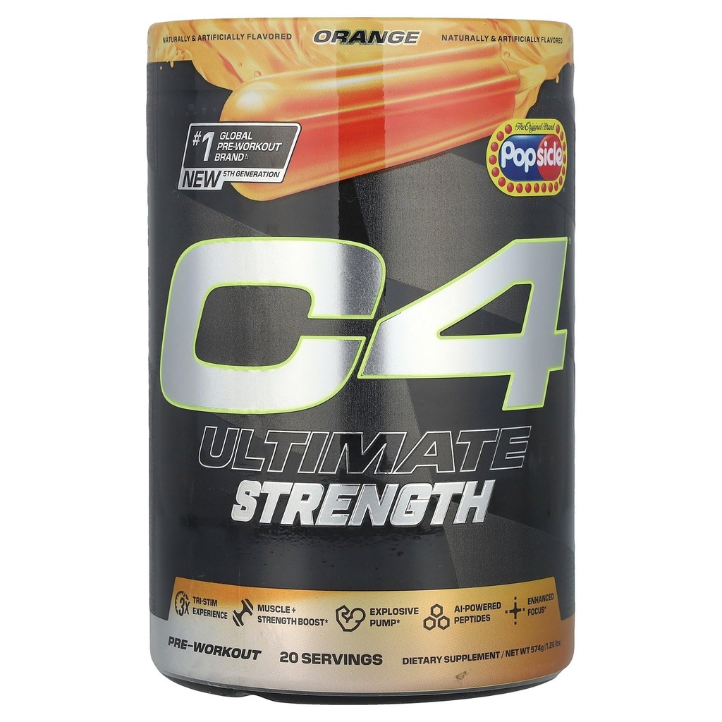 Cellucor C4 Ultimate Strength Pre Workout Powder - Tri- Stim Experience 300mg Coffein + TeaCrine + Dynamin - Creatin & Beta- Alanine - Energy Supplement for mænd og kvinder - Orange Ispinde, 20 Servering