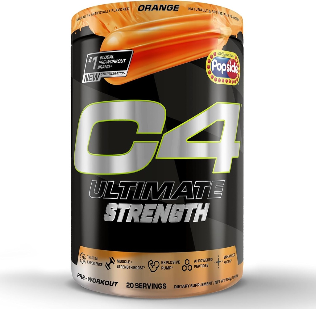 Cellucor C4 Ultimate Strength Pre Workout Powder - Tri- Stim Experience 300mg Coffein + TeaCrine + Dynamin - Creatin & Beta- Alanine - Energy Supplement for mænd og kvinder - Orange Ispinde, 20 Servering