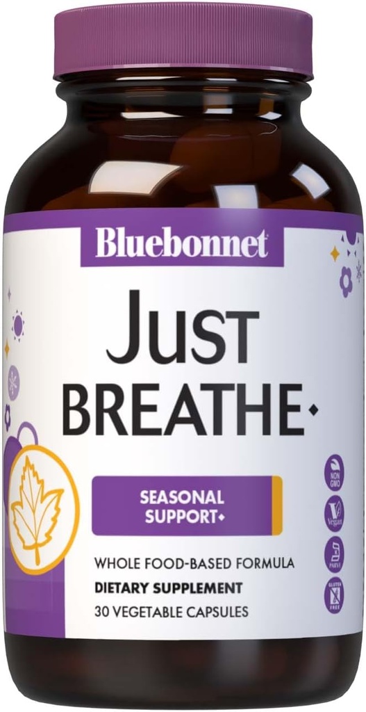 Bluebonnet Nutrition JustBreathe, Sæsonstøtte *, Non- GMO, Kosher Certified, Gluten- Free, Soy- Free, Dairy- Free, 30 Vegetabilske kapsler, 15 Servere