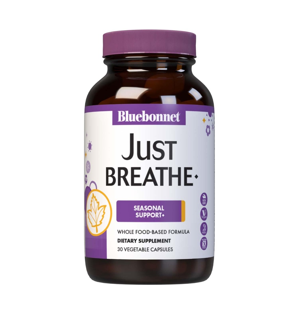 Bluebonnet Nutrition JustBreathe, Sæsonstøtte *, Non- GMO, Kosher Certified, Gluten- Free, Soy- Free, Dairy- Free, 30 Vegetabilske kapsler, 15 Servere
