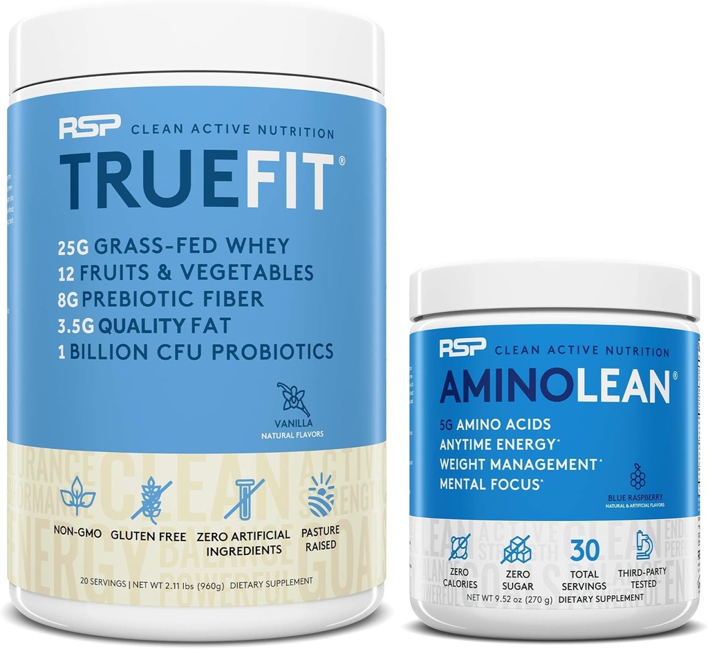 AminoLean Pre Workout Energy (Blå Hindbær 30 Servering) med TrueFit Protein Powder (Vanilla 2 LB)