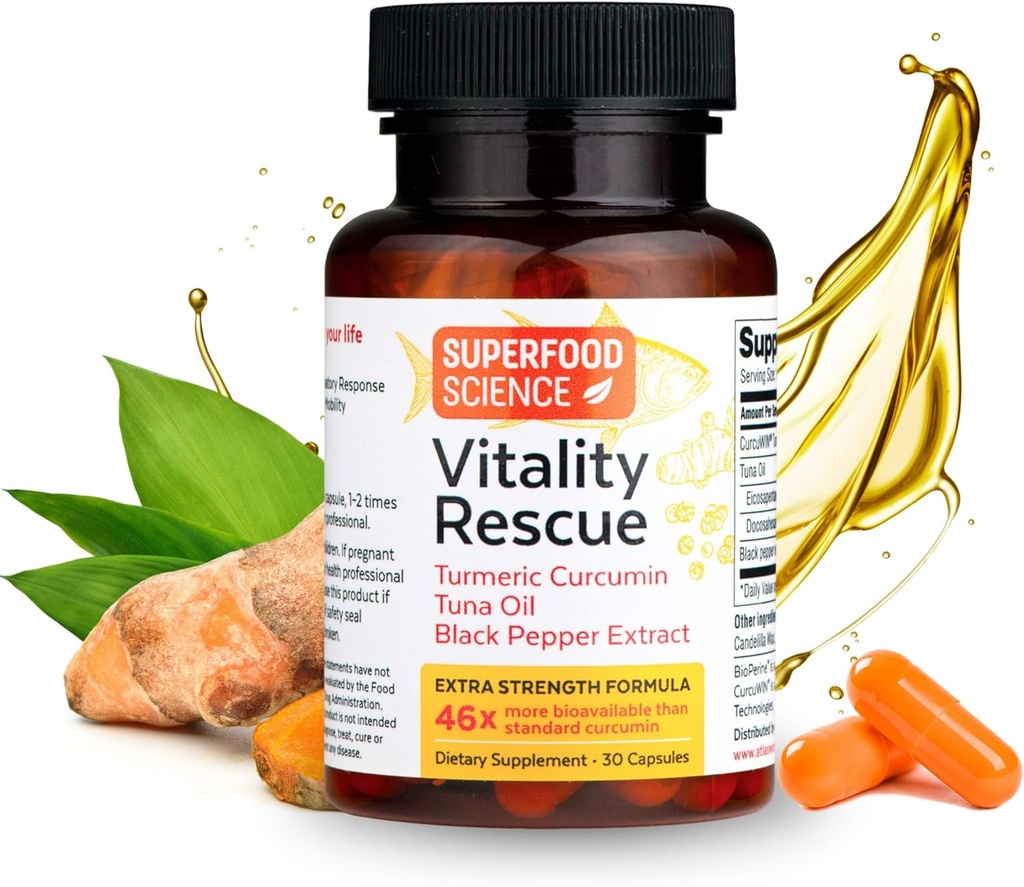 Vitality Rescue, Fish Oil DHA EPA Omega 3 og gurkemeje supplement w / Bioperine, CurcuWin 46X Superior Absorption Curcumin til støtte Workout Inddrivelse, Fælles, Muskel, Cardio & Brain Sundhed, 30 kapsler