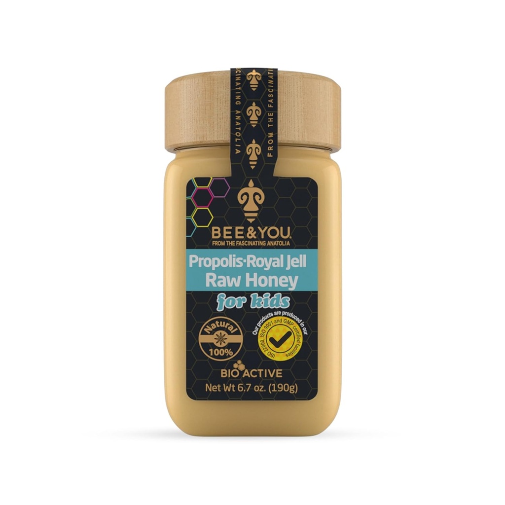 Bee og You Royal Jelly Raw Honey For Kids, Propolis Extract, 100% Natural Superfood, Ultra Pure, immunsupport, Antioxidanter, Keto, Paleo, Gluten- Free, 6.7 oz