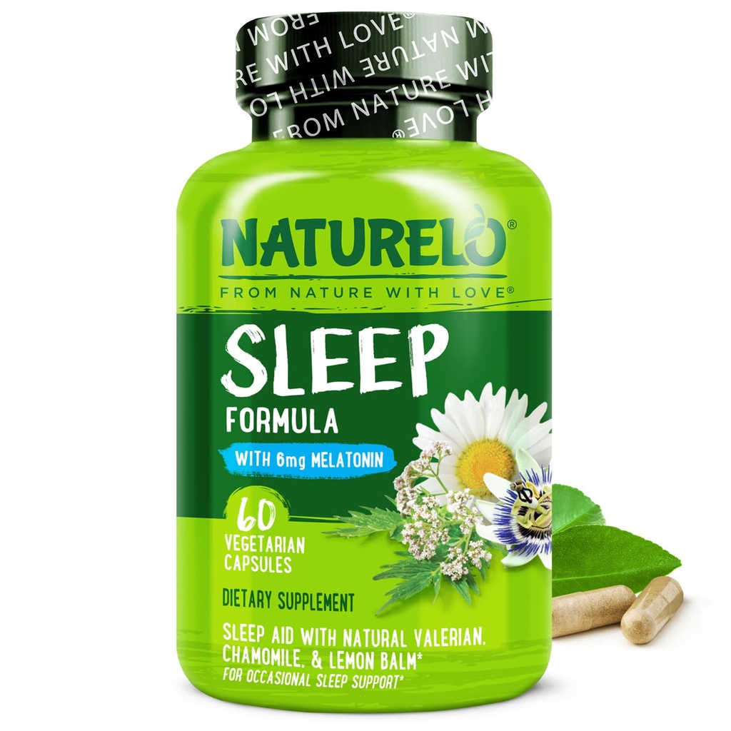 NATURELO Sleep Aid - med Melatonin, Magnesium, GABA, Valerian Root, Lemon Balm, Kamille Herbal Ekstrakter - Plantbaseret Sleeping Aid - 60 Vegansk Kapsler