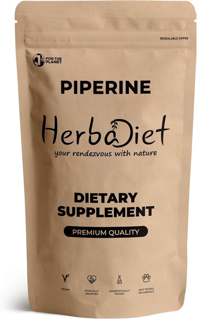 Herbadet Piperine 95% Powder Б124; Black Pepper Extract Powder 95% af Hplc Б124; Biotilgængelighed Enhancer, Øger næringsstoffer Uptake 124; Gluten Free, Non- GMO Bulk Supplement (0,35 oz / 10 gm)