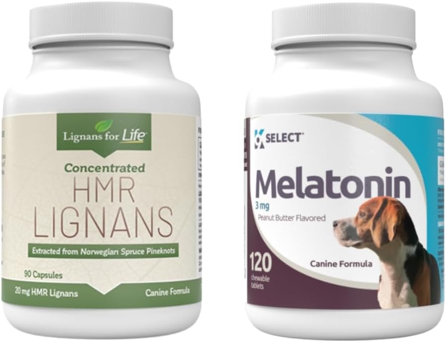 Lignans for Life & K9 Select Pet Care Bundle - HMR Lignans 20mg, 90 Kapsler - Melatonin & 3mg, 120 Peanut Butter Flavored Tablets - Multivitamin Dog Wellness Supplement Treats - Medium Size Hund Breed