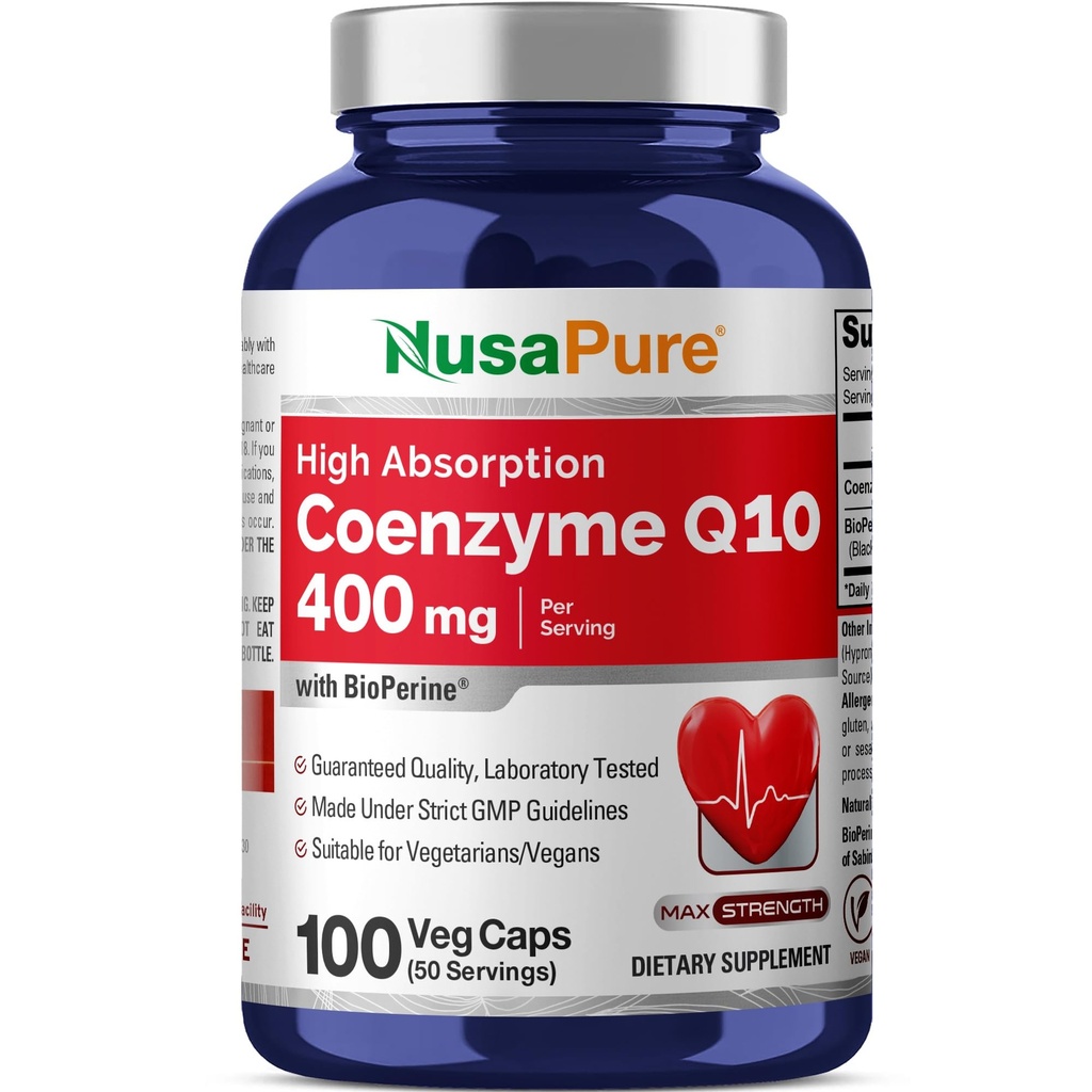 NusaPure CoQ10 400mg 100 Veggie Caps (Vegan, non- GMO) Coenzym Q10 Supplement, Antioxidant COQ- 10 Enzyme, Coq 10