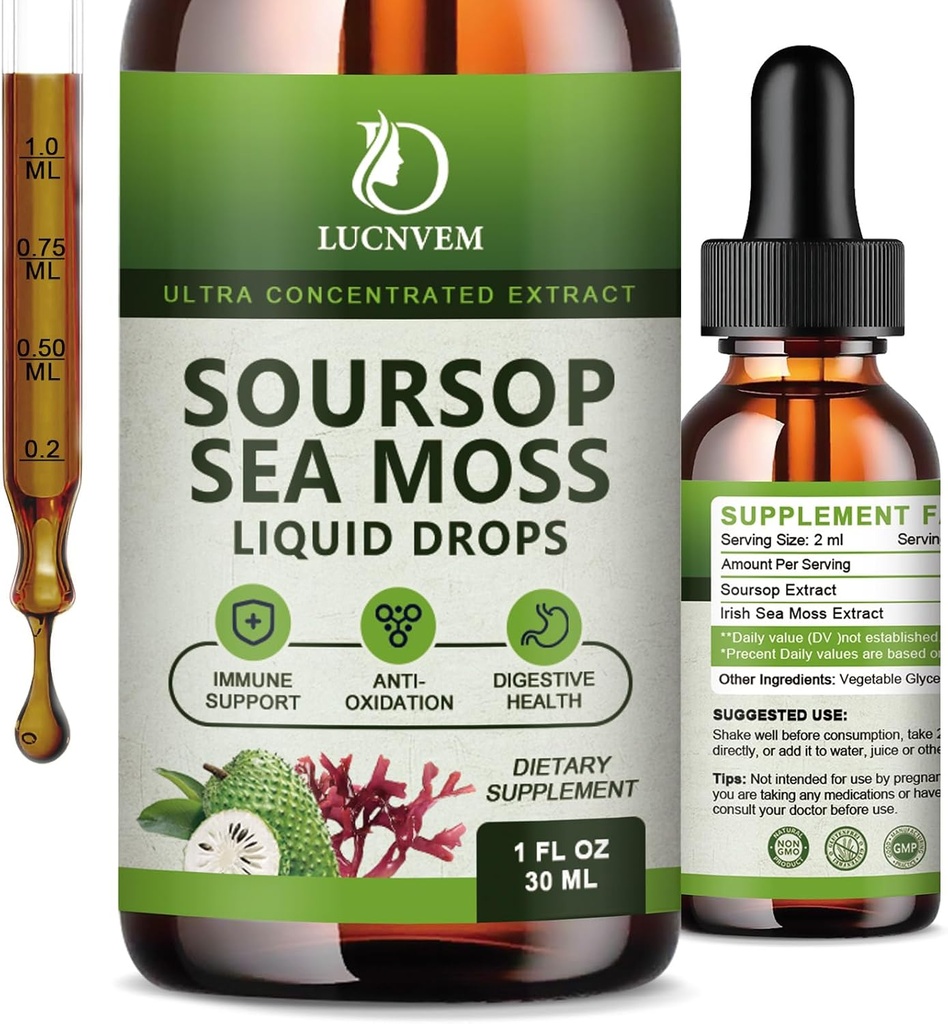 (2 Pack) Organic Soursop Graviola med Sea Moss Liquid Drops, Soursop Bitters Liquid Rich in Multivitamin for Natural Antioxidant, Immunboost, Cell Support & Regeneration, Pineapple Flavor