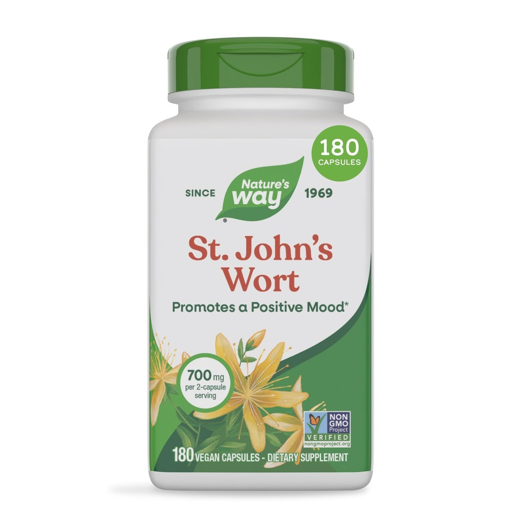 Nature's Way St. John’s Wort Capsules, Herbal Supplement Promotes a Positive Outlook*, 700 mg per 2-Capsule Serving, Non-GMO Project Verified, Vegan, 180 Capsules