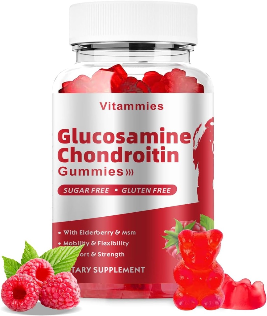 Glucosamine Chondroitin Gummies with MSM & Elderberry Extra Strength - Joint Support, Antioxidant Immune Support Supplement for Adults, Men & Women Minerals, coenzyme Q10, DHA - 60 Raspberry Gummies