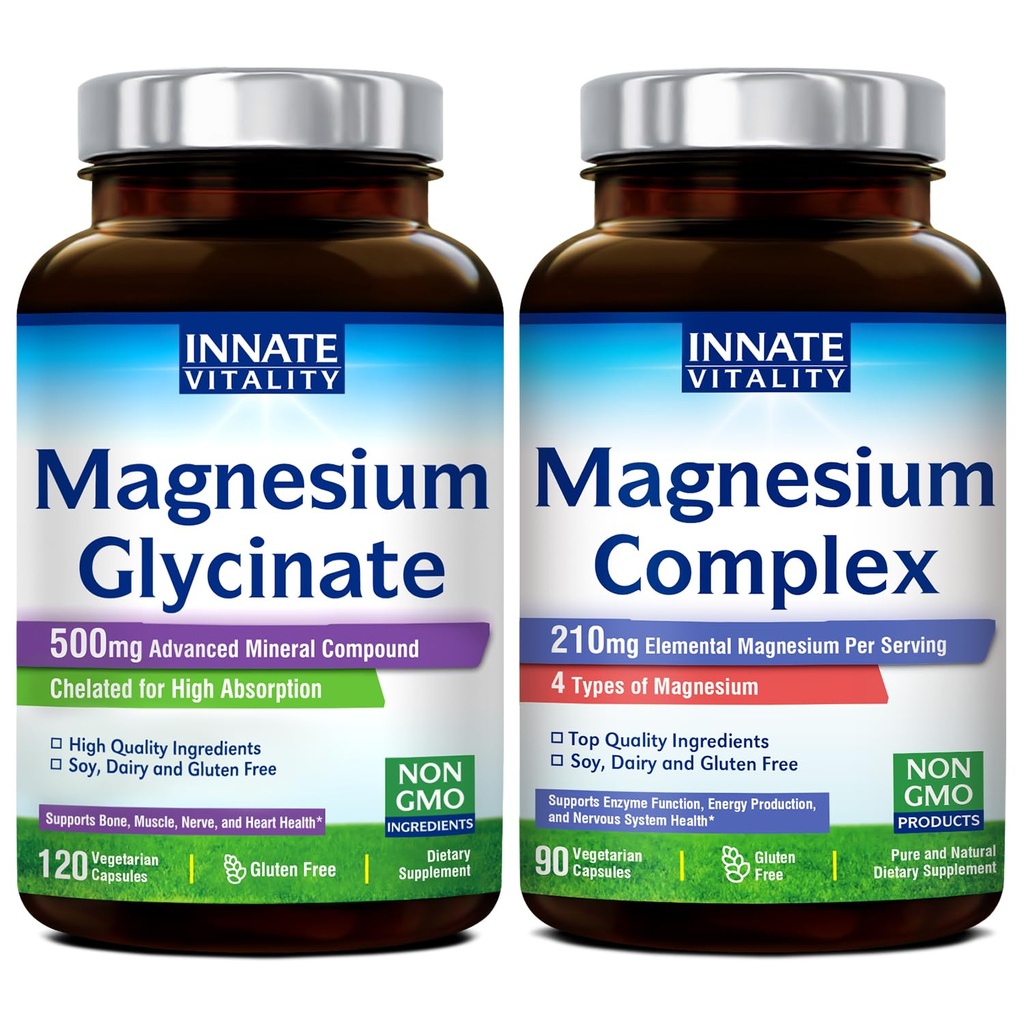 Innate Vitality Magnesium Glycinate & Magnesium Complex Bundle, Non- GMO No Gluten & Vegan, Mg Glycinate (120 Caps) & Mg Complex (90 Caps), Value Pack, Bundle & Save