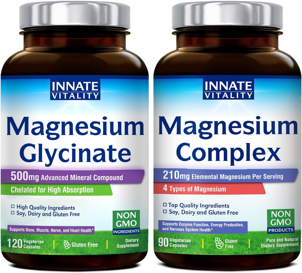 Innate Vitality Magnesium Glycinate & Magnesium Complex Bundle, Non- GMO No Gluten & Vegan, Mg Glycinate (120 Caps) & Mg Complex (90 Caps), Value Pack, Bundle & Save