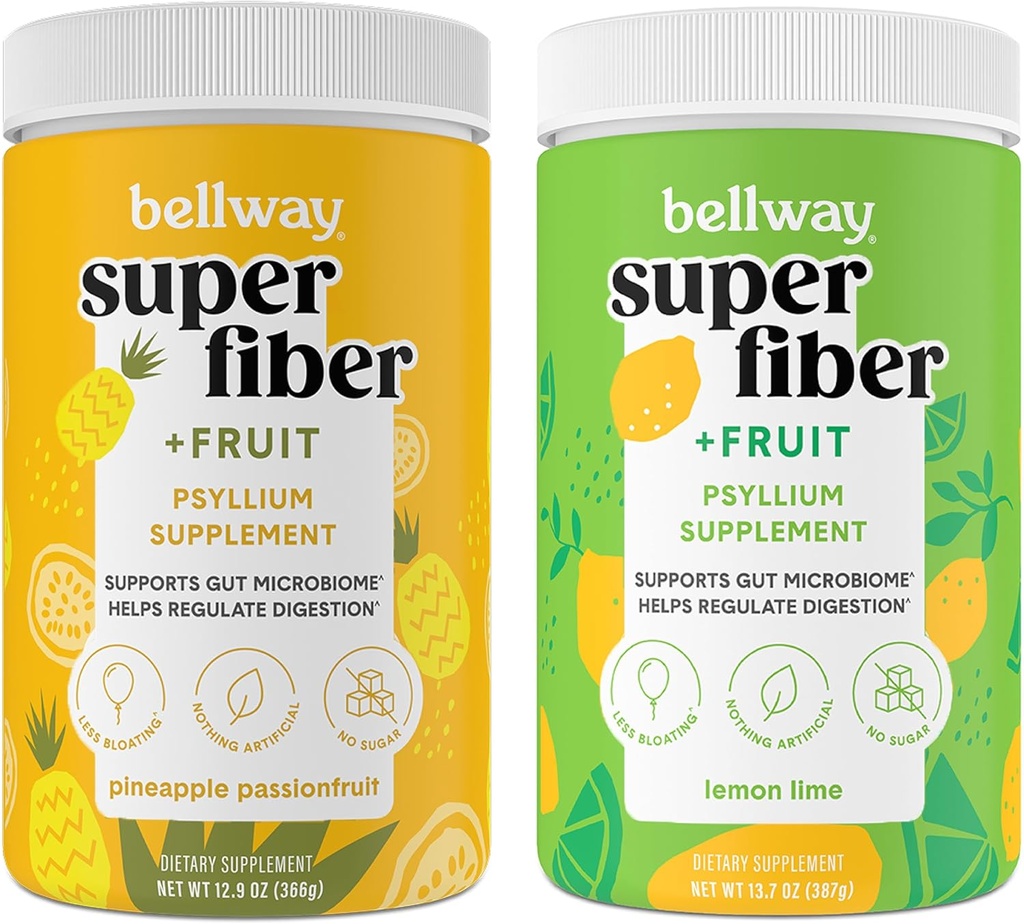 Bellway Super Fiber Powder + Frugt, Sukker Free Organic Psyllium Husk Powder Fiber Supplement for regelmæssighed, Bloating Relief & Gut Health, Non- GMO, Ananas Passion Fruit & Lemon Lime