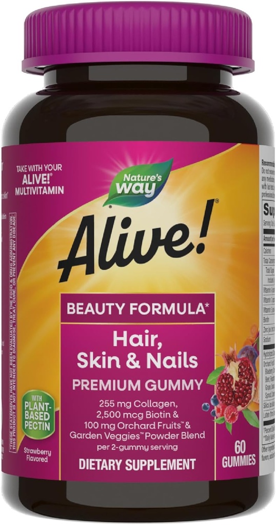 Naturen er i live! Hår, Hud & Nails Premium Gummies, Skønhed Formel *, med Collagen, Biotin, Vitaminer C & E, Jordbærsmag, 60 Gummies