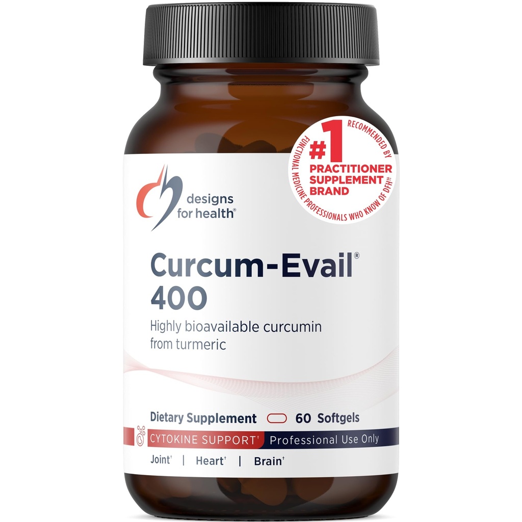 Design til sundhed Curcum- Evail 400 - Biotilgængelige gurkemeje kosttilskud - Evail emulsion teknologi - Curcumin C3 Complex med gurkemeje olie + vitamin E, ikke-GMO (60 Softels)