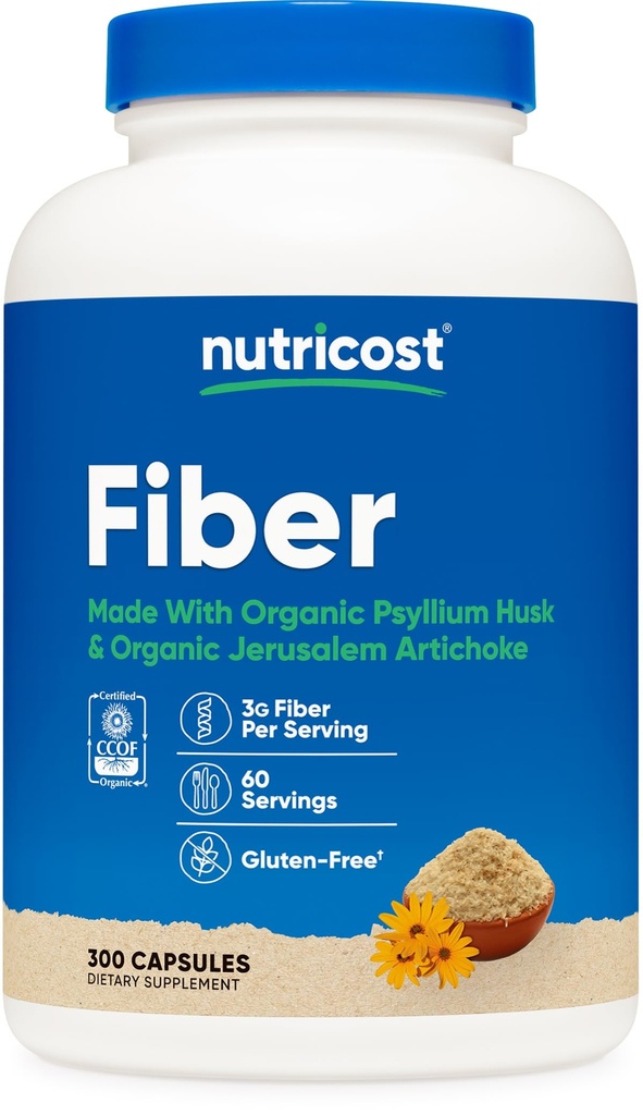 Nutricost Fiber Kapsler med Prebiotic Fiber Supplement 300 Kapsler - Lavet med Organic Psyllium Husk & Organic Jerusalem Artiskoke, 60 Servering, Gluten Free, 3 G Per Servering