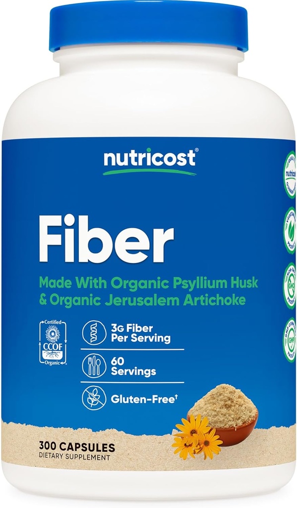 Nutricost Fiber Kapsler med Prebiotic Fiber Supplement 300 Kapsler - Lavet med Organic Psyllium Husk & Organic Jerusalem Artiskoke, 60 Servering, Gluten Free, 3 G Per Servering
