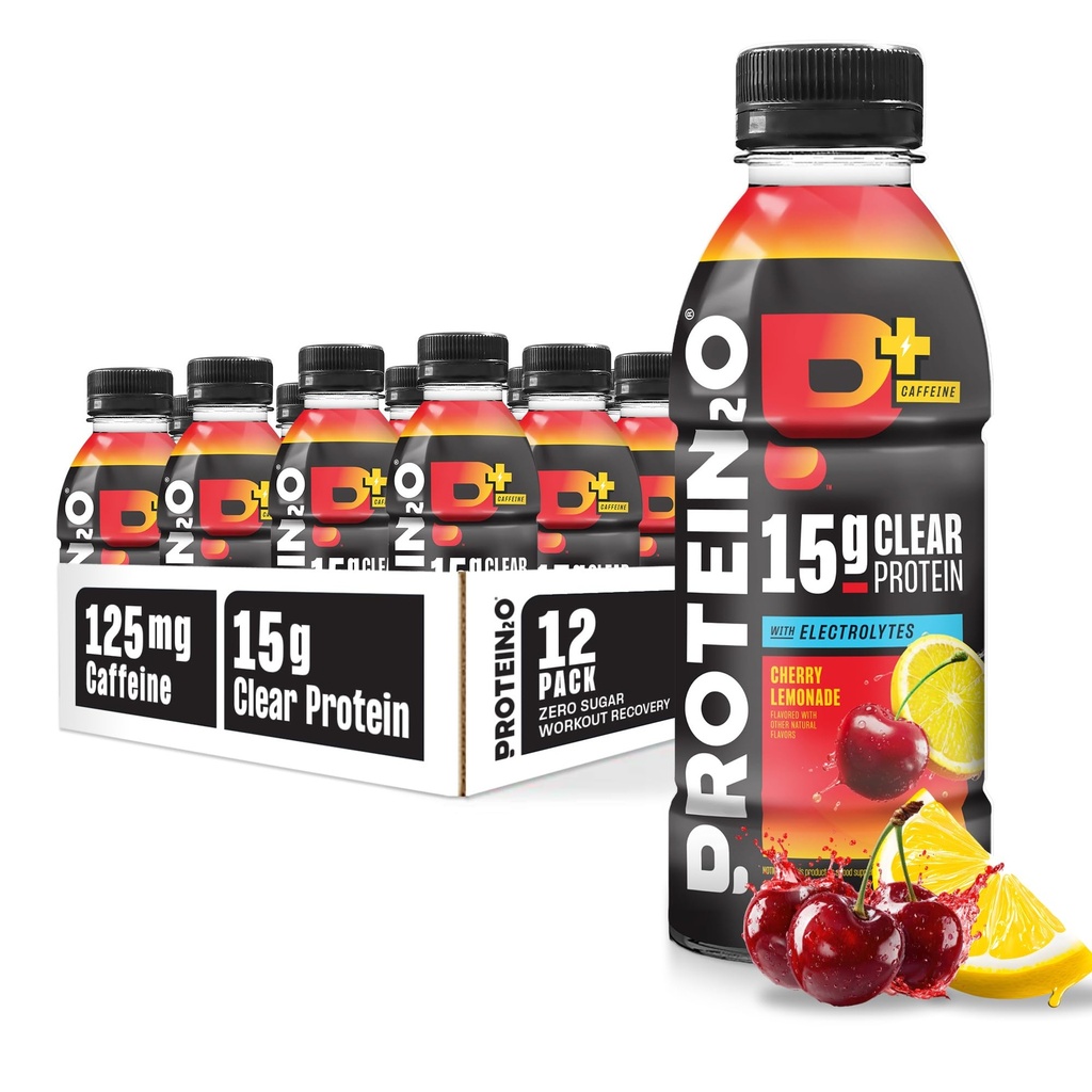 Protein2o 15g Whey Protein Isolate Hydration Drink Plus Energy & Focus, 350mg elektrolyter, 125mg koffein, Sukkerfri, Cherry Lemonade, 16,9 oz flaske (pakke med 12)