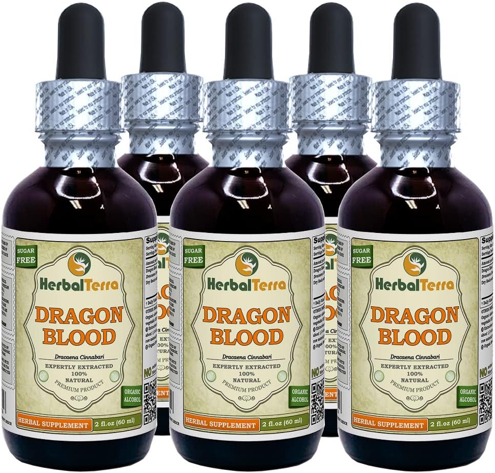 Drage blod harpiks (Daemonorops Draco) Tinktur, Tørret harpiks flydende ekstrakt (Brand Name: HerbalTerra, Stolt Made in USA) 5x2 fl.oz (5x60 ml)
