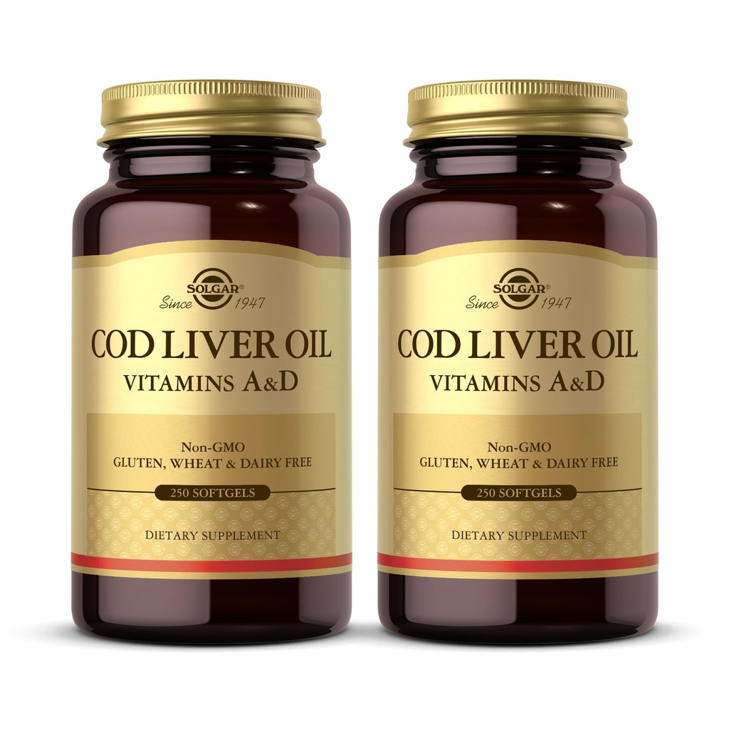 Solgar Cod Lever Oil - 250 Softgels, Pack of 2 - Giver vitaminer A & D - Non-GMO, Gluten Free - 500 Total Servering