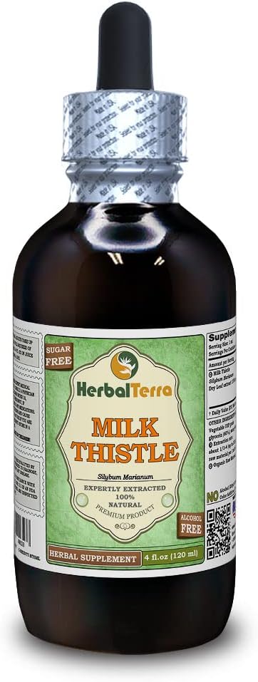 Mælk Thistle (Silybum Marianum) Glycerit, Økologisk Tørrede blade Alkohol- Free Liquid Extract (Brand Name: HerbalTerra, Stolt Made in USA) 4 fl.oz (120 ml)