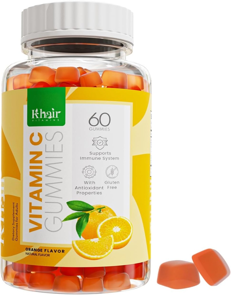 Khair Halal Vitamin C Gummies - Non GMO, Gluten- Free, Gelatin- Free, Vegetar - Immunstøtte Gummies, Halal lækre vitaminer til voksne og børn - 60 Gummies