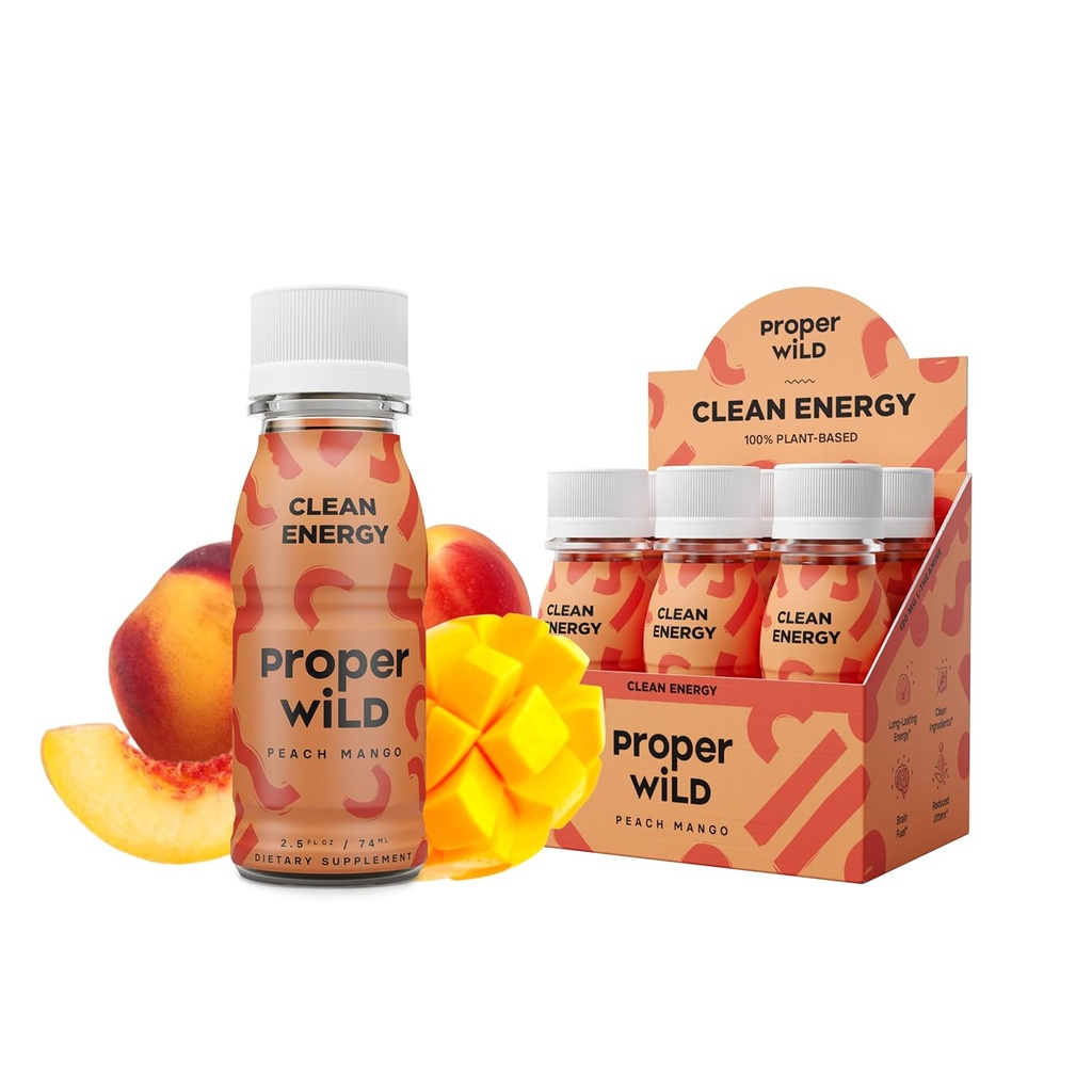 Korrekt Wild Vegan Energy Shots, med L- Theanin, og organisk koffein, Clean Plant Based Energy Drink, Gluten- Free, GMO- Free, Dairy- Free, Stevia- Free, Soy- Free, Peach Mango, 2.5 Fl Oz, 6 Pack