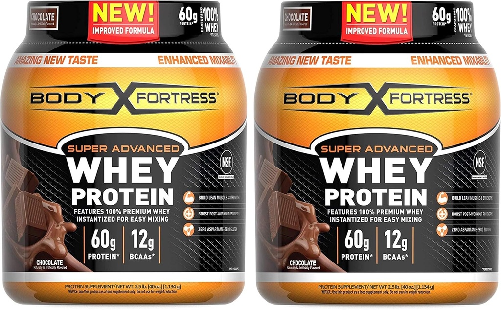 Body Fortress Super Advanced Whey Protein Powder, Gluten Free, Chocolate Flavor, 2 Pund, Pack of 2