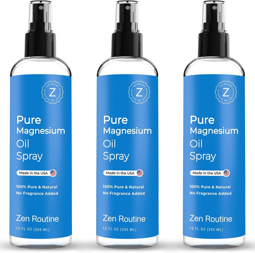 Pure Magnesium Oil Spray 12oz (3 Pack) - Organic USP Grade Magnesium Spray, Topisk Magnesium Glycinat, Magnesium Oil for Feet, Krop, Muscles & Leg kramper - Made in USA