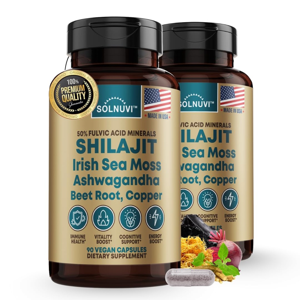 Shilajit Pure Himalayan Organic Capsules with Irish Sea Moss, Ashwagandha, Copper, Beet Root - Fulvic Acid Trace Minerals Supplement for mænd og kvinder - 90 Greve, Non- GMO, Gluten- Free