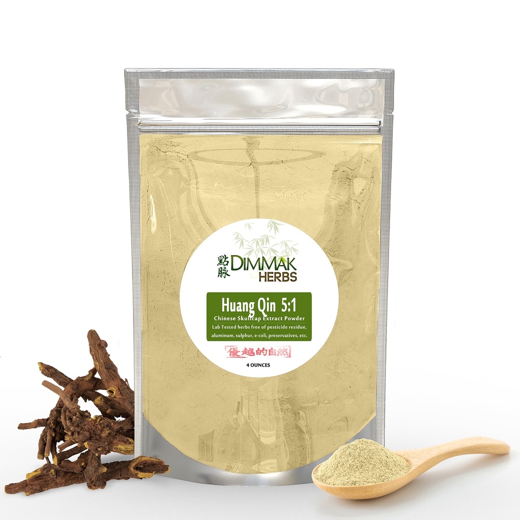 Dimmak urter Økologisk Scutellaria Baicalensis Kinesisk Skullcap Root (Huang Qin) 5: 1 Uddrag Pulver124; Lab Testet Premium Kinesisk Herb Radix Scutellariae Pulver i Potent Extract Form - 4oz (112g)