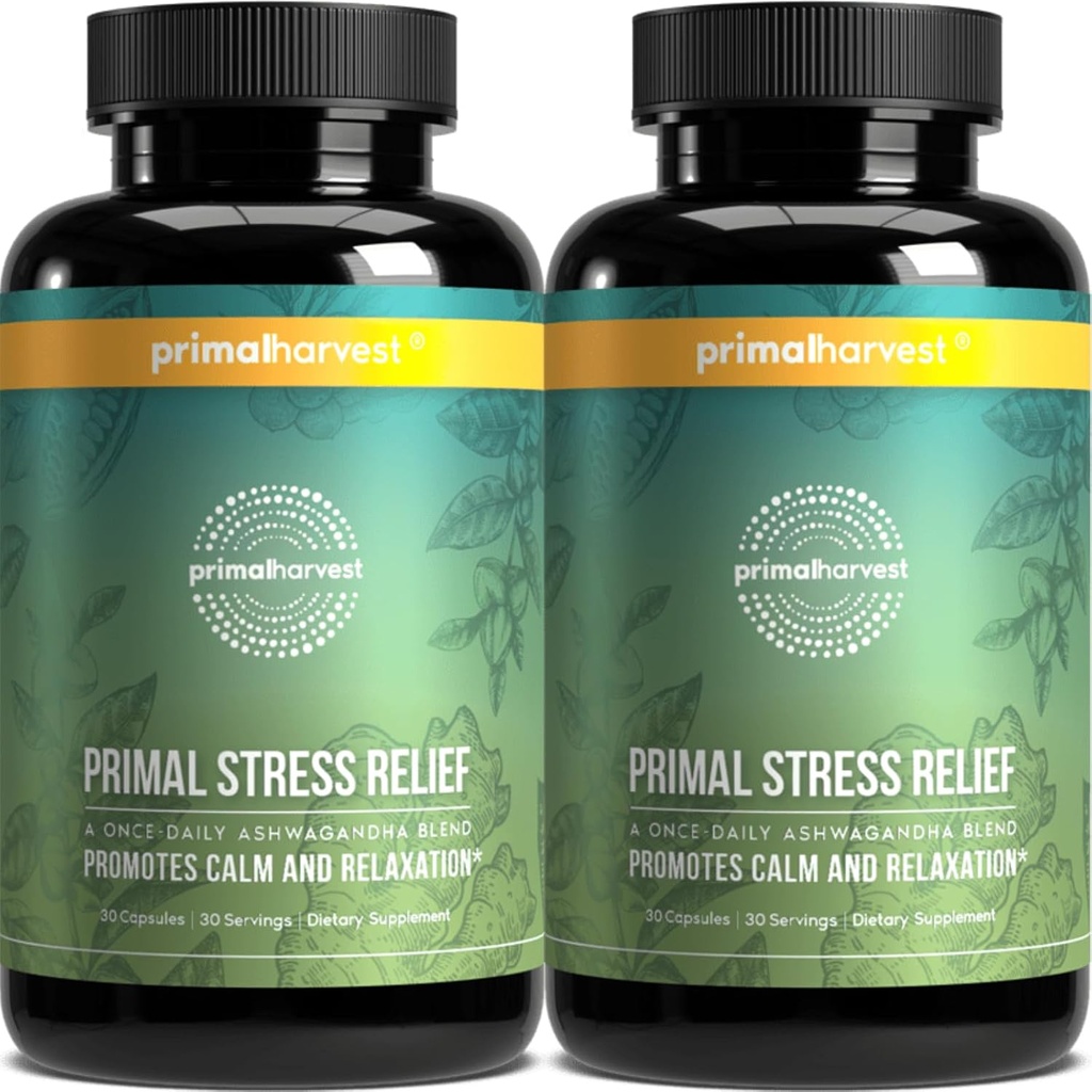 Primal Høst Stress Relief supplement til kvinder og mænd Pure Ashwagandha Root Extract, L- Theanine kosttilskud, 60 kapsler