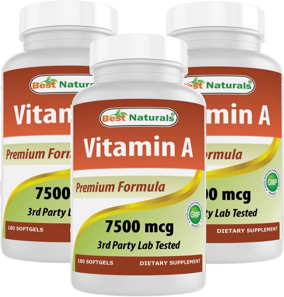 Bedste Naturals Vitamin A 25000 IE (7500 mcg), non- GMO formel understøtter sund Vision & Immunsystemet og sund vækst & Reproduction, 180 Softgels (180 greve (pakke med 3))