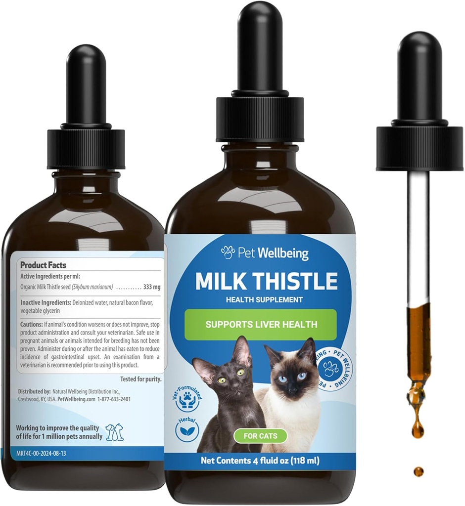 Pet Wellbeing Milk Thistle for Cats - Økologisk mælk tidsel, Understøtter sund lever funktion & afgiftning - Vet- Formuleret Herbal Supplement - 4 oz (118 ml)