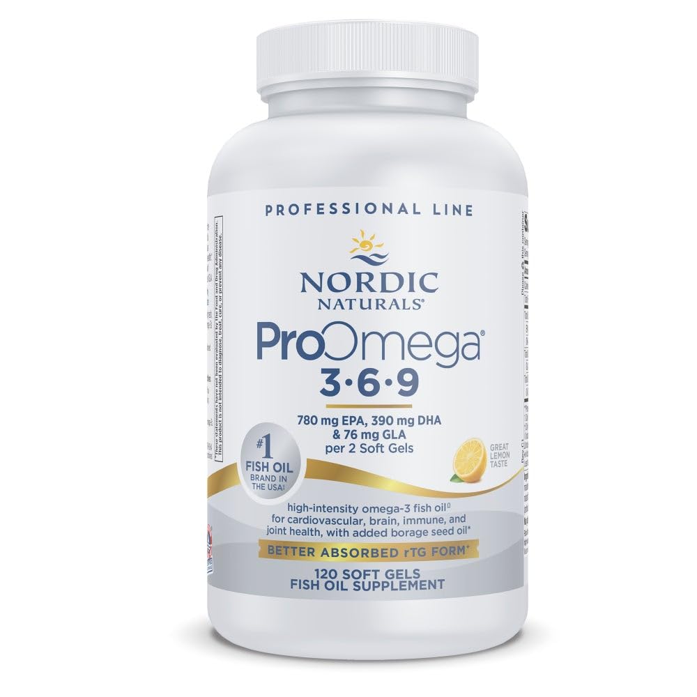 Nordic Naturals ProOmega 3-6-9, Lemon Flavor - 120 Soft Gels -1360 mg Omega-3 - EPA & DHA med tilsat GLA - Sund hud, kognition, positiv mood - ikke-GMO - 60 Servering