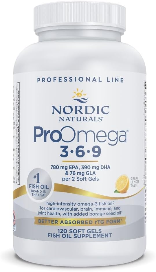 Nordic Naturals ProOmega 3-6-9, Lemon Flavor - 120 Soft Gels -1360 mg Omega-3 - EPA & DHA med tilsat GLA - Sund hud, kognition, positiv mood - ikke-GMO - 60 Servering